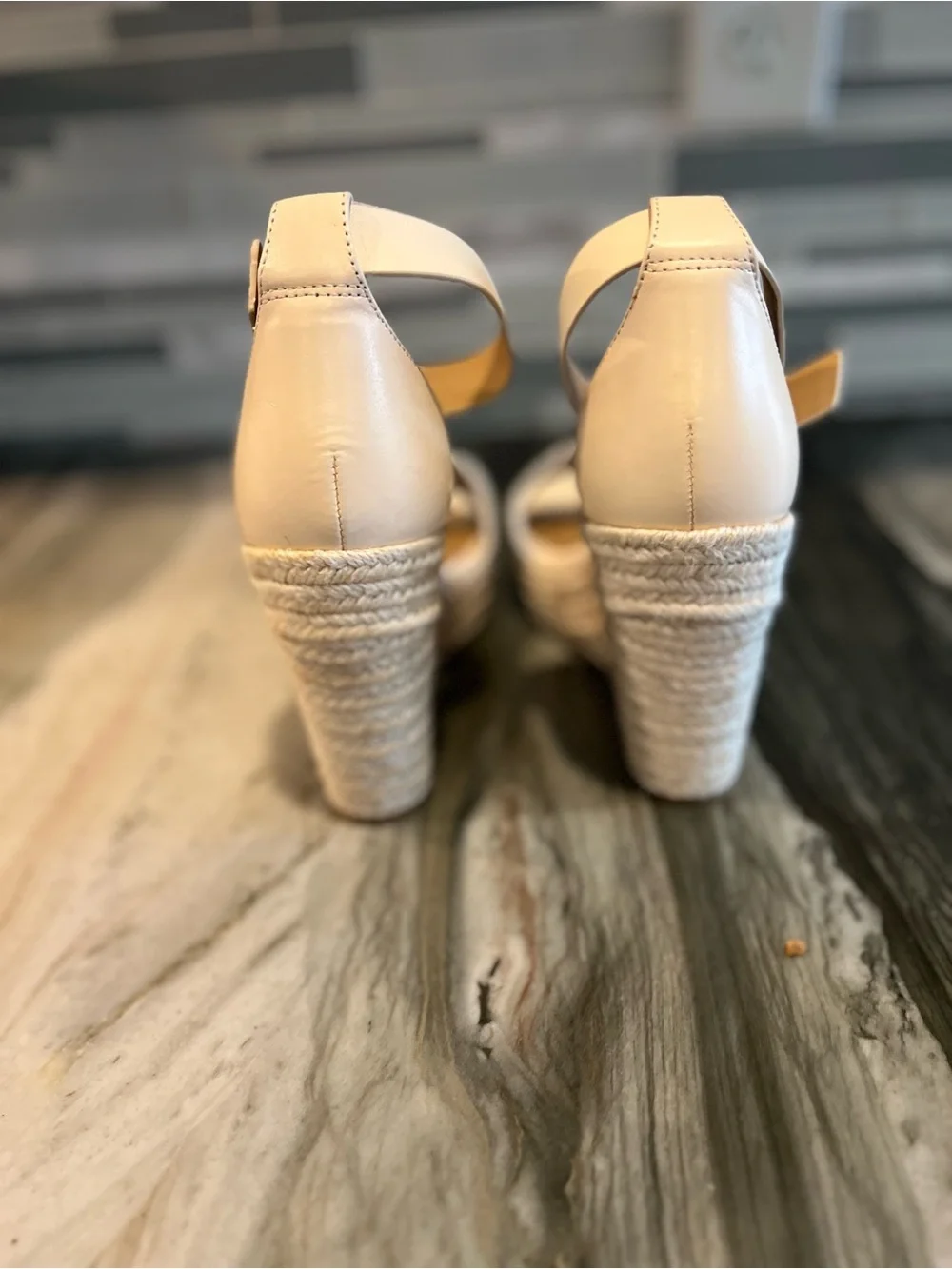 Copper Key Cream and Tan Espadrille Wedge Sandals with Ankle Strap